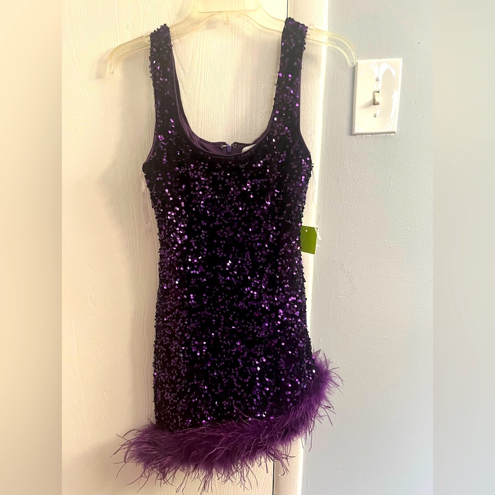 Bella & Bloom Brand New Eggplant Sequin Asymmetrical Feather Dress